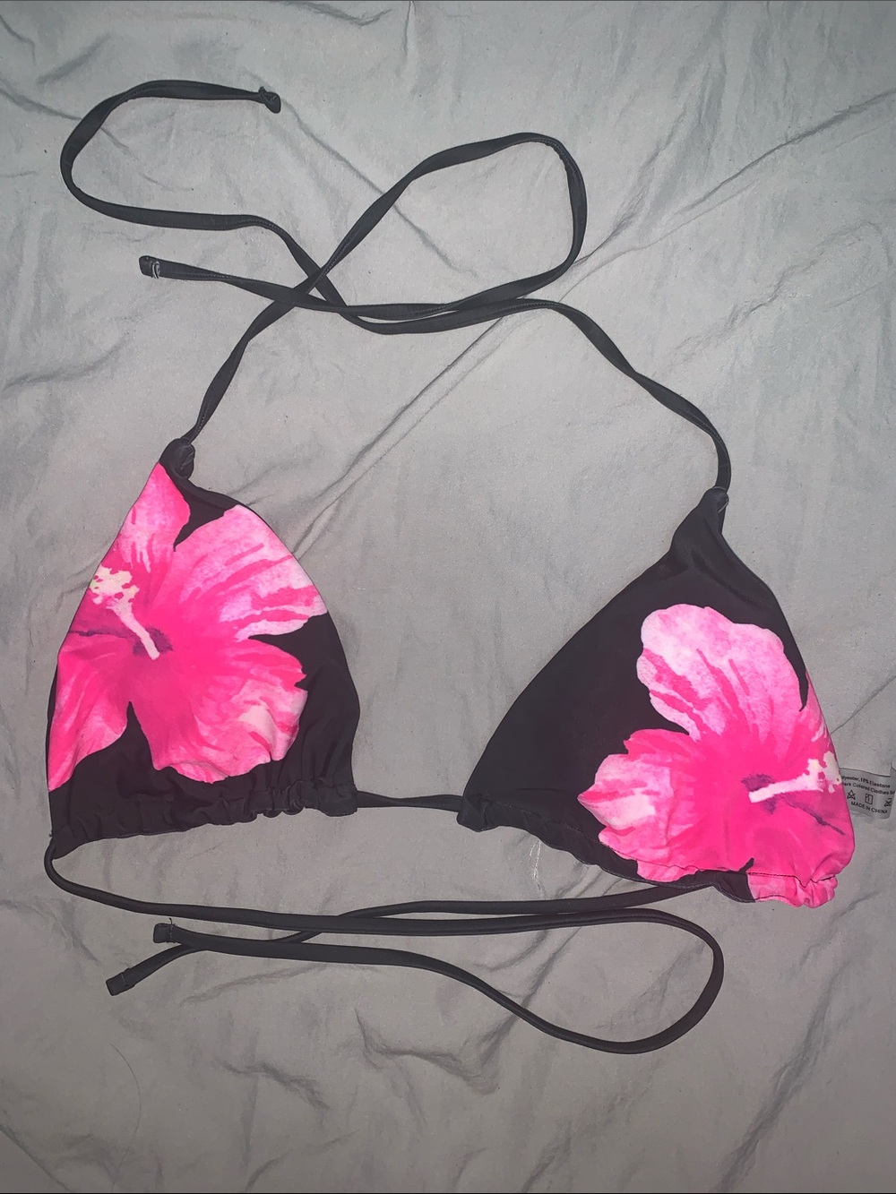 SHEIN Black Triangle Bikini Top with Hot Pink Floral Print
